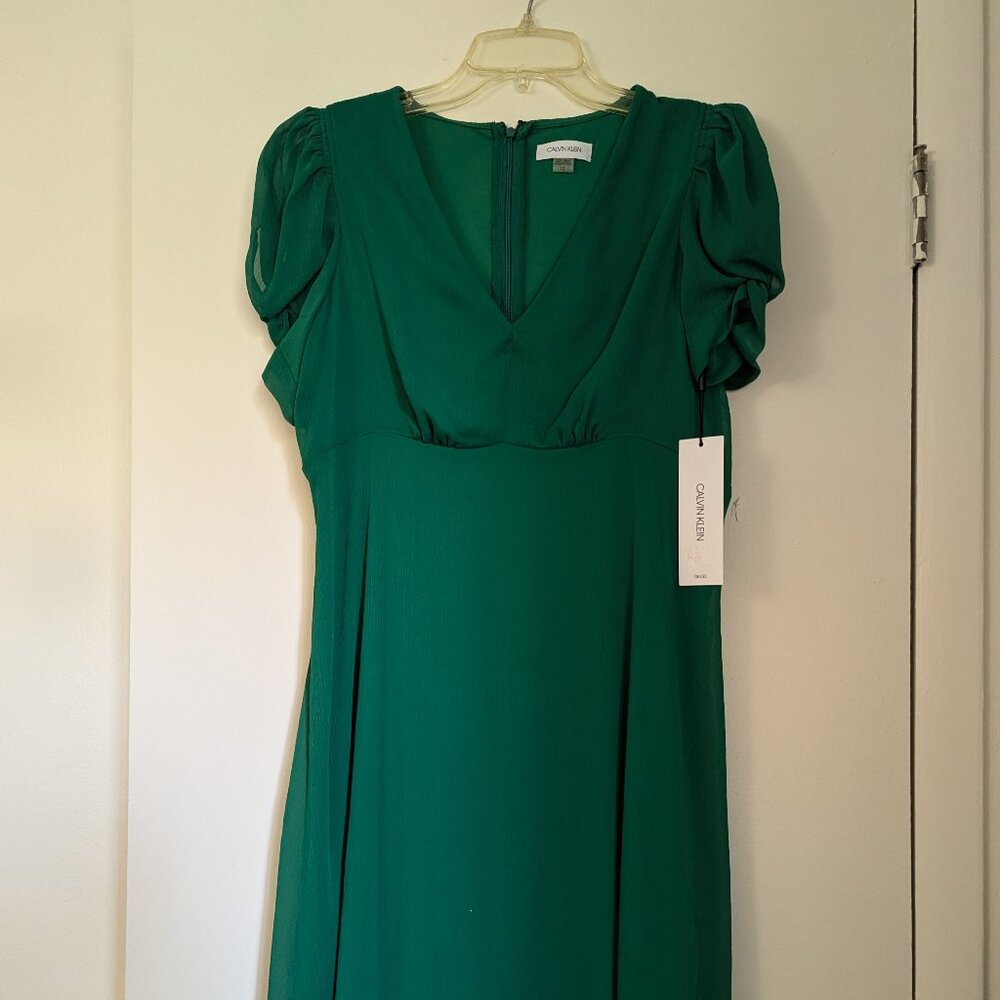 CALVIN KLEIN Women's Green Zippered Pouf Sleeve V Neck Mini Empire Waist Dress